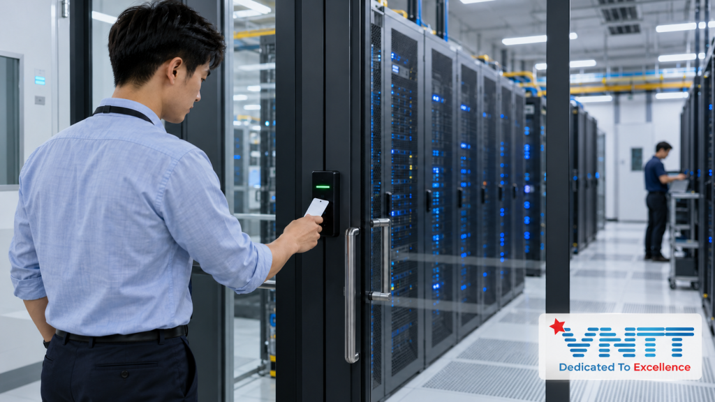 Nhân viên được cấp quyền truy cập hệ thống dữ liệu trong trung tâm dữ liệu an toàn.
